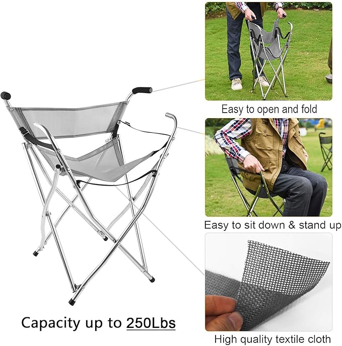 Walking Stick Chair Seat - Folding Camping Cane Portable Stool Heavy Duty Aids for Seniors (L Size Grey)