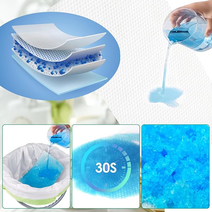 Commode Liners with Absorbent Pad, Universal Fit for Commode/Camping Toilet | 100Bags+100Pads, Unscented, Leakproof, Drawstring Closure for Easy Disposal, 1000ml Absorbency,for Seniors Home Care, RV Trip