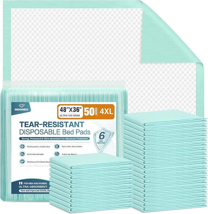 Tear-Resistant Disposable Bed Pads 48" x 36" 50 Count Underpads Extra Large Incontinence Bed Pads Heavy Duty Absorbency Chux Pads Pee Pads for Adult Elderly Puppy Pads for Training