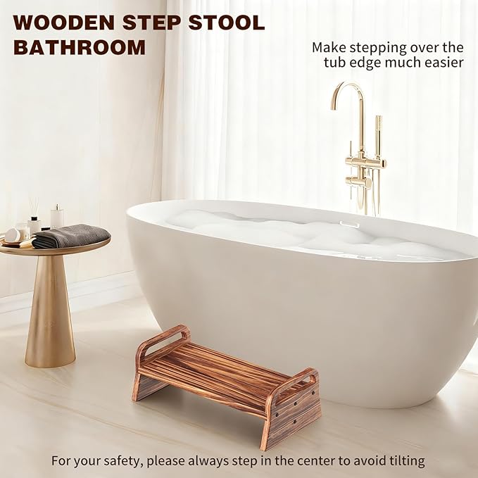 5.0in Height Wooden One Step Stool with Two Handles, Solid Pine Wood Step Stool for Kids Seniors Adults, Portable Use for High Bed, Kitchen & Bathroom.