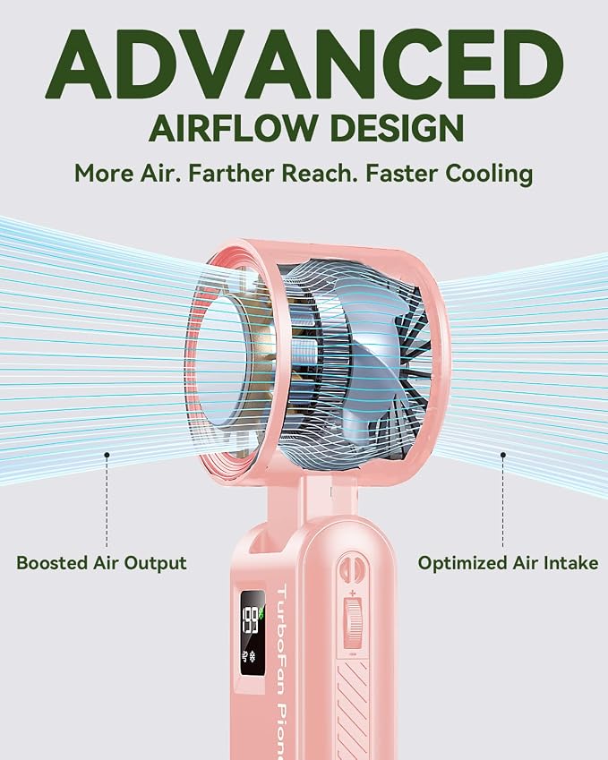 Portable Handheld Fan with Ice Cooling, 7.5m/s High Speed Turbo Fan, 150° Foldable 4-in-1 Personal Neck Fan, 199 Speed Stepless Control, USB-C Rechargeable for Travel, Makeup, Hiking,Pink