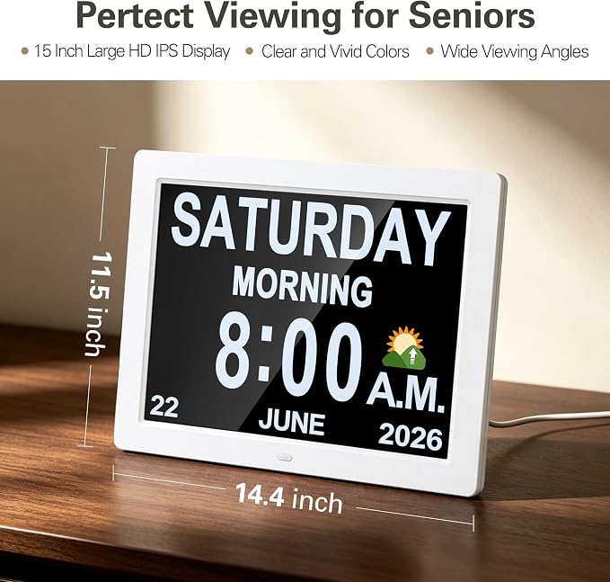 JALL 12" Large Digital Calendar Day Clock for Seniors 2026 - Easy to Read Alzheimer's Dementia Memory Loss Clock for Elderly with IPS Wide Angle，Day & Date, 12 Custom Alarms & Auto-Dimming, White