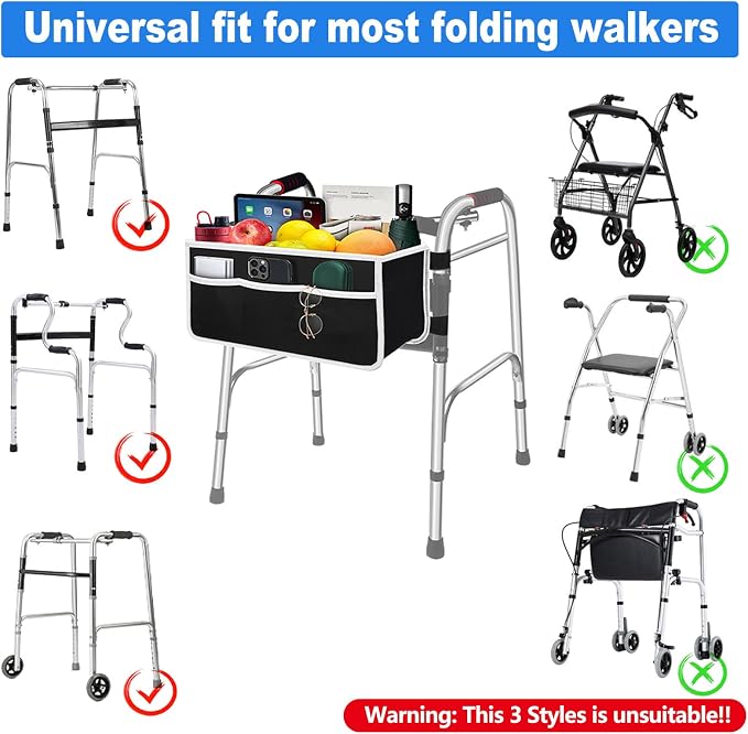 Yuan & Chuang Walker Bag - Foldable with 6 Elastic Straps, Stronger Than Other Baskets, Multiple Pockets & Never Tipping Over for Elders and Family - Black