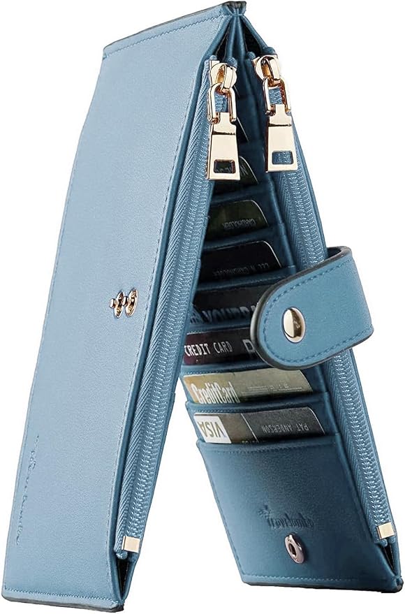 Travelambo Womens Leather Bifold Wallet, Slim RFID Blocking Card Holder | Large Capacity, 16 Card Slots & ID Window, 2 Zipper Pockets, Dual Snap Closure, Slim Lightweight, RFID Privacy Protection