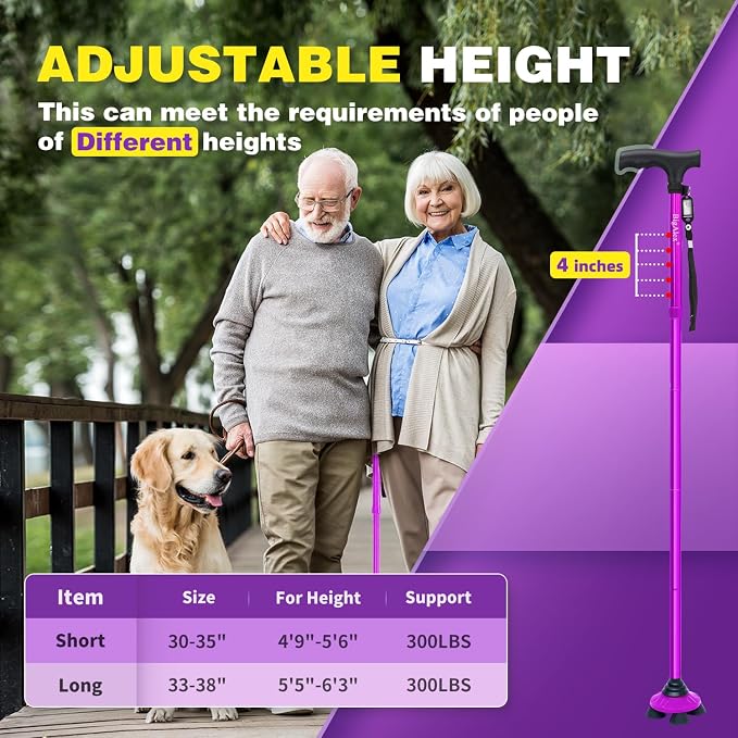 BigAlex Folding Walking Cane for Elderly Adjustable & Portable Walking Stick for Seniors,Pivoting Quad Base,Lightweight,Collapsible with Carrying Bag for Men/Woman