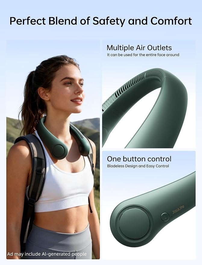 JISULIFE Portable Neck Fan, Hands Free Bladeless Fan, 5 Speeds, 4000 mAh | Battery Operated Wearable Personal Fan, Twistable, Rechargeable Travel Essentials, Gifts for Women Men-Dark Green