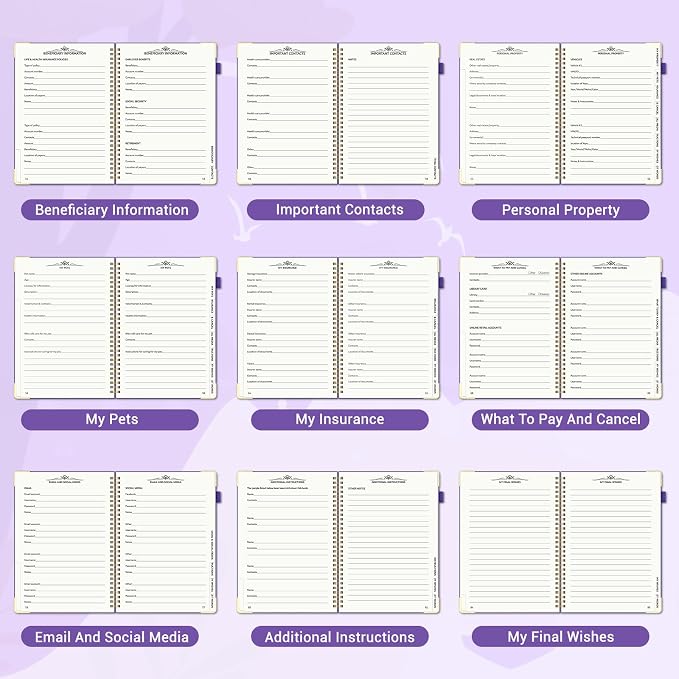 End of Life Planner, Estate Planning Organizer with Tabs for Senior, Spiral Funeral Planning Book with Large Font, Gold Corner Guards & Inner Pocket for Will Preparation, 7.36" x 10.4", Purple
