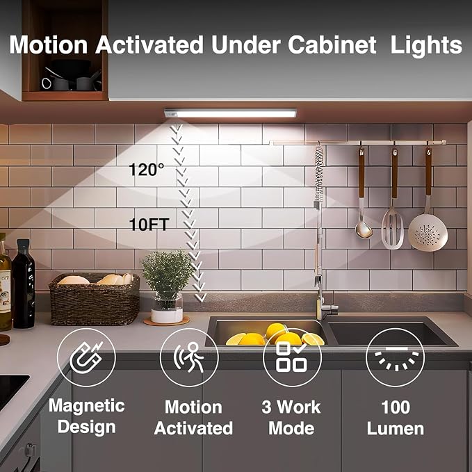 DAYBETTER 12inch Under Cabinet Lighting,2 Pack Motion Sensor Light Indoor | Rechargeable,3 Color Temps,5 Levels Dimmable,Magnetic Closet Light Battery Operated,Wireless Under Counter Lights for Kitchen