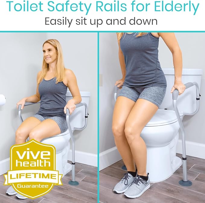 Vive Toilet Safety Rails for Seniors - Adjustable Grab Bars for Toilet - Toilet Safety Frame - Toilet Assistance for Elderly & Disabled - Toilet Seat with Handles - Bathroom Assist Bar Support Aid