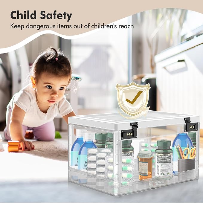 Extra Large Lock Box for Medication Safe, Medicine Lockable Storage Box with Code, Phone Lock Boxes for Video Games, Box with Combination Lock for Snacks/Food, Locking Cabinet for Home/Office (Clear)