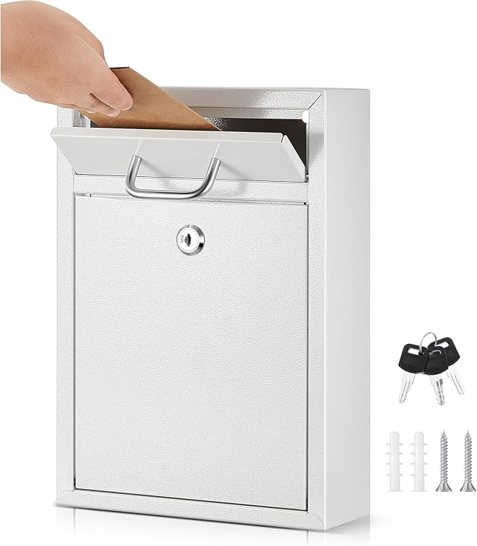 Yaocom Locking Mailbox with Key for Outdoor 12.2 x 8.5 x 3 Inches Large Wall Mount Mail Box with Lock Security Mail Drop Metal Collection Boxes Hanging Secure Postbox(Creamy White)