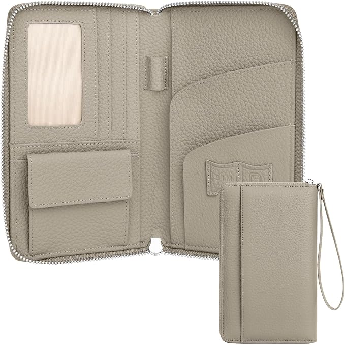 RFID Passport Holder for Travel Family with Coin Pocket,E-Grey | Leather Passport Cover for 2, Travel Document Organizer with Wrist Strap & 24 Card Slots, for Women Men