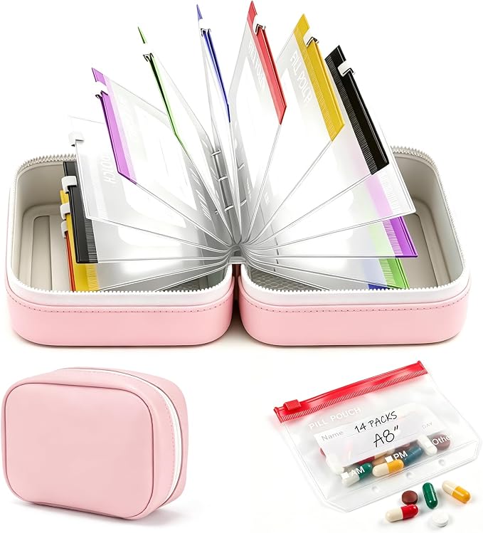 A8 Waterproof Pill Organizer, Waterproof Pill Pouch Set, Travel Medicine Organizers with 14 Color-Coded Pouches, Leakproof Reusable Zippered Storage Case, Compact Daily Pills Holder (Pink)