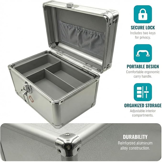Medicine Lock Box, First Aid Safe Medication Storage Box, Layered Aluminum Daily Medicine Lockable Box with Key for Home, Dorm, Office 9.5 x 6 x 6.3 inches