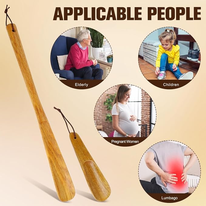 GLEAVI Wooden Shoe Horns 2-Pack Long and Short Handle Shoe Helpers for Seniors Men Women Portable Solid Wood Horn with Hanging Loop 15.74 & 6.30