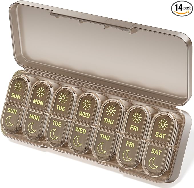 Betife AM PM Pill Organizer 7 Day, Weekly Pill Organizer Box 2 Times a Day | Portable, Cute, Easy Open, Airtight, Fashion, Dust-Proof, Reusable, Sturdy