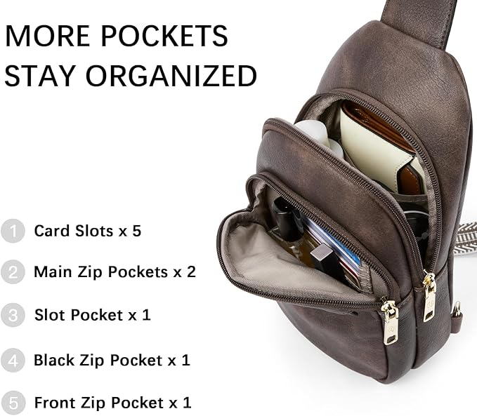 BOSTANTEN Sling Bag for Women Leather Crossbody Bags Fanny Pack Chest Bag for Travel | Adjustable Wide Strap, Small, Anti Theft, Lightweight, Multi Pockets and Carrying Way, Card Slot, Cute Trendy for Everyday