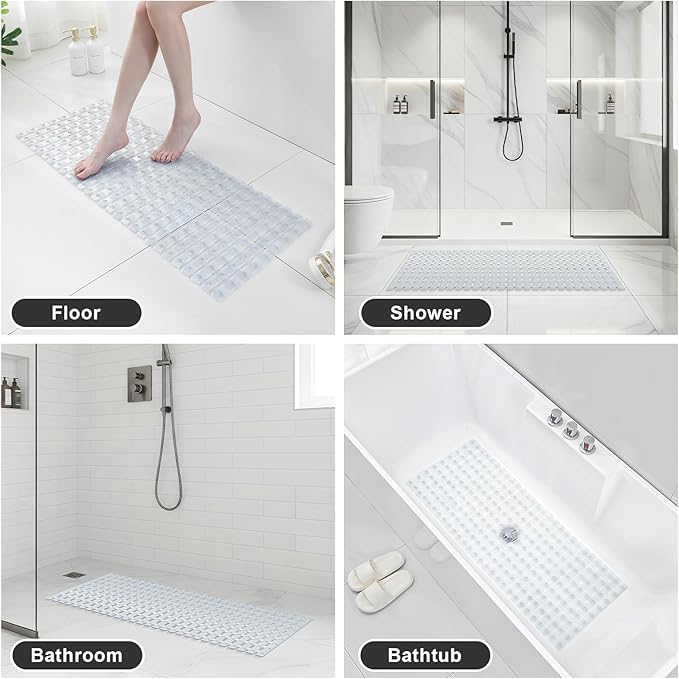 XIYUNTE Shower Mat Non Slip Bath Mat for Tub - 40 X 16 Inch PVC Bathtub Mat Non Slip Shower Mats for Inside Shower, Bath Tub Mat with Powerful Suction Cup, Easy to Cut and Dry, Clear