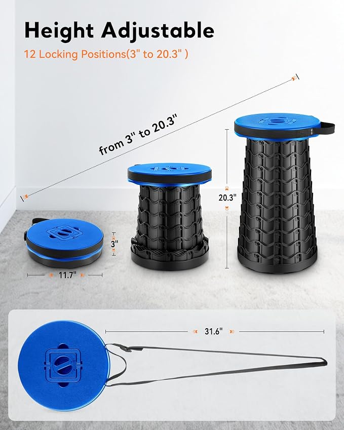 Height Adjustable Foldable Stool- Collapsible Stool for Waiting in Line | 20.3'' Height, 1000 LBs Load Capacity, Portable, Folding Stool,Compact, for Fishing, Patio, Camping, Party & Gathering(Blue)
