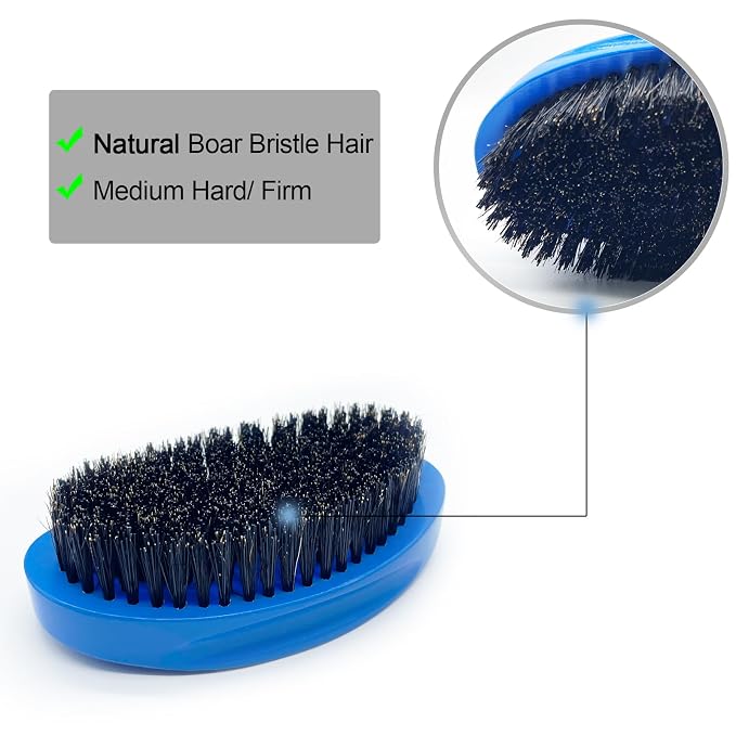 Wave Brush 360 Degree Curved for Men - Medium Hard Hair Brushes | Natural Palm Brush Boar Bristles with Firm Nylon for Wavy Hair Routine Brushing (Blue)