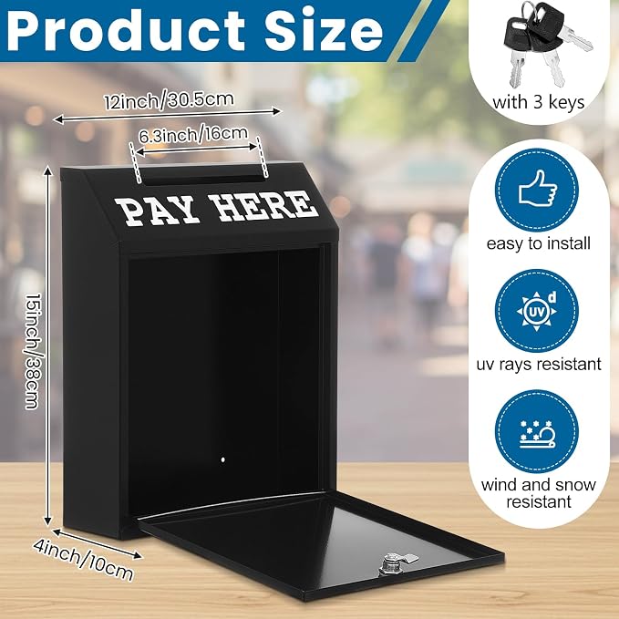 Yaocom Safe Metal Cash Box for Farm Stand – Money Drop and Secure Donation Collection, Wall Mount Lockable Unit with Pre Drilled Holes for Outdoor Self Serve(Black,15 x 12 x 4 Inch)