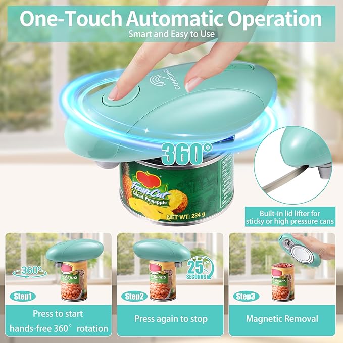 Auto Electric Can Opener for Seniors - Upgraded One Touch Automatic Rechargeable Electric Can Openers Smooth Edge Cutting,USB Type-C Charging,Built-in Lid Lifter (Green)