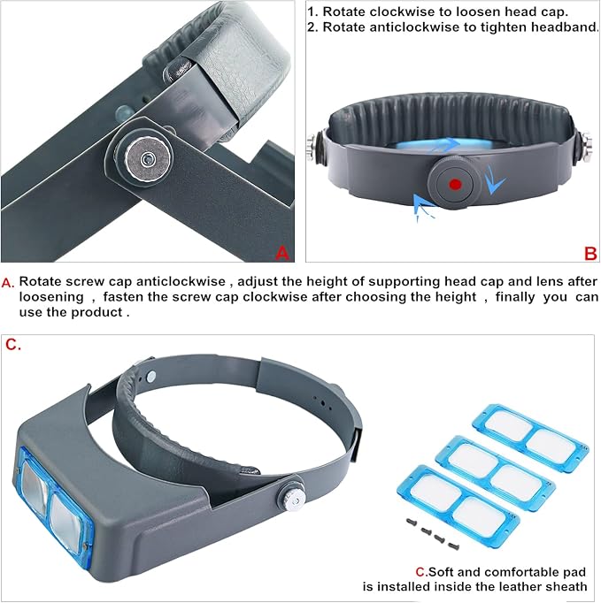 Headband Magnifier Head-Mounted Reading Magnifying Glass Opitcal Glass | The 4 lenses can be replaced. Suitable for reading, handicrafts and maintenance. Magnifying glasses for close work.