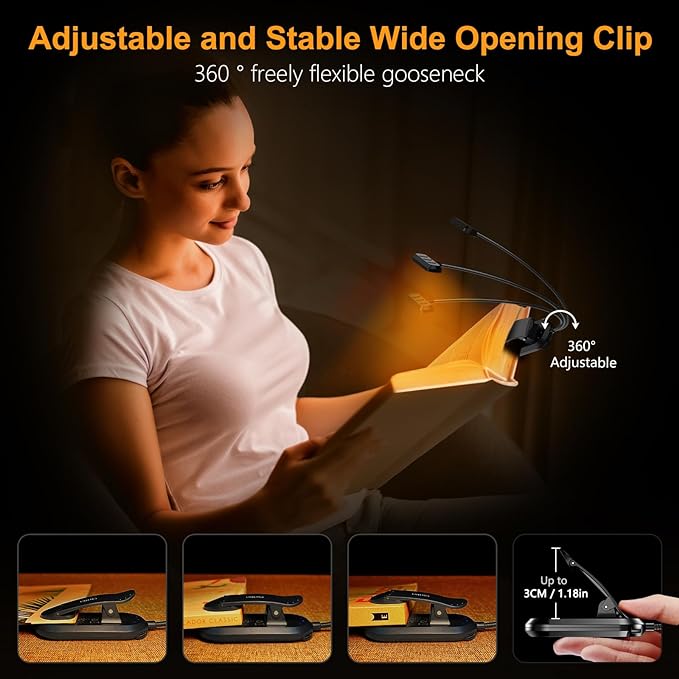 Gritin Rechargeable Book Light for Reading in Bed with 19 LED | Eye Caring 3 Color Temps,5 Brightness Levels,Memory Function,90 Hrs Runtime Flexible Goose Neck Clip on Light for Book Lovers
