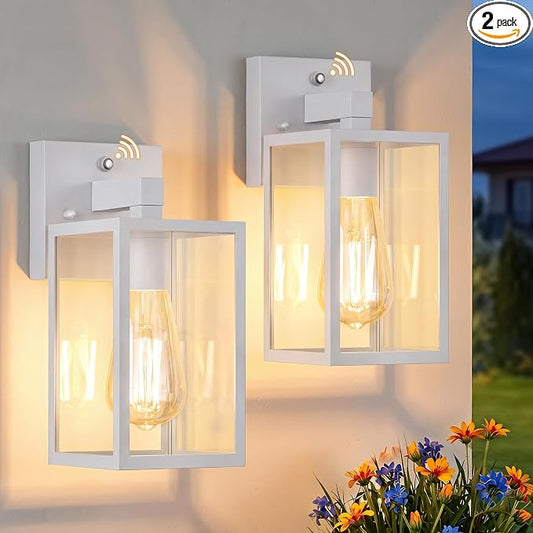 2 Pack Dusk to Dawn Outdoor Wall Light Fixtures, Exterior Porch Light, Waterproof Wall Sconces Lanterns, Sensor Lighting Wall Mount for House Doorway Garage, White