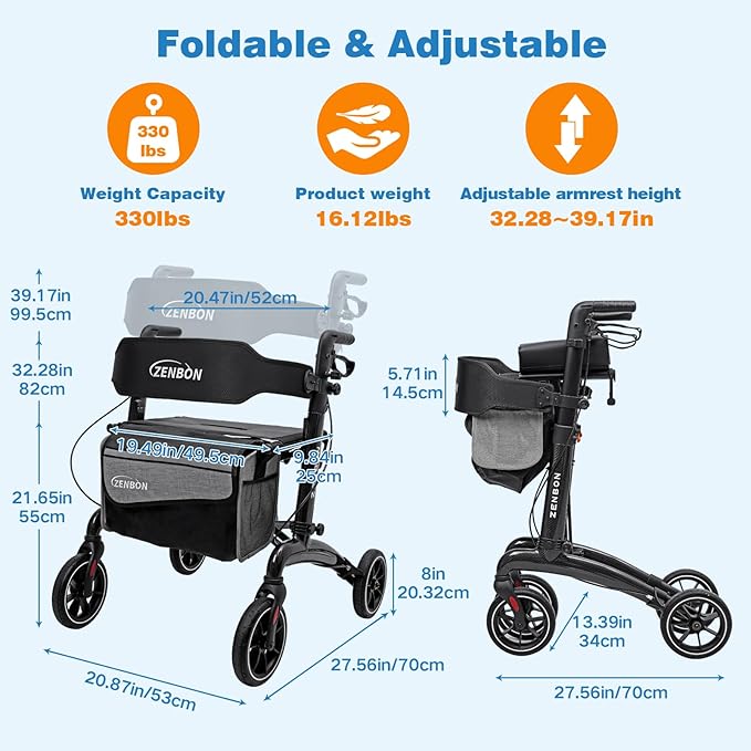 Rollator Walker for Seniors/Adults Foldable Rolling Walker with Seat 330 lbs Capacity 4 Big 8 inch Wheels Hand Grips Adjustable Height Lightweight Carbon Fiber Walker 7206(Black)