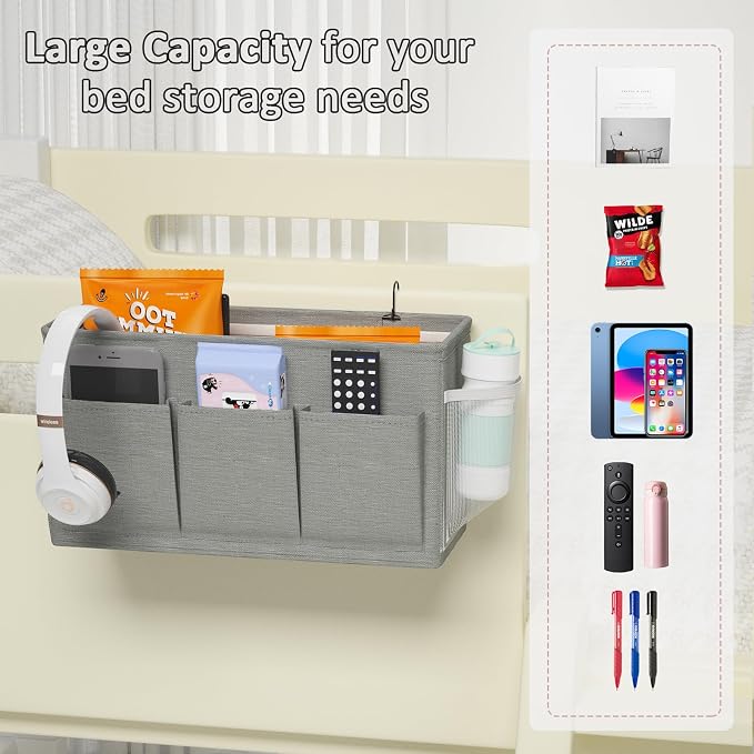 Bedside Caddy Storage Organizer for Bed Rails, Bed Caddy with 6 Pockets | Bedside Organizer with Fixed Straps and Hooks, Mattress Supported Versatile for Home, Dorm, Bunk, Hospital and Crib Bed