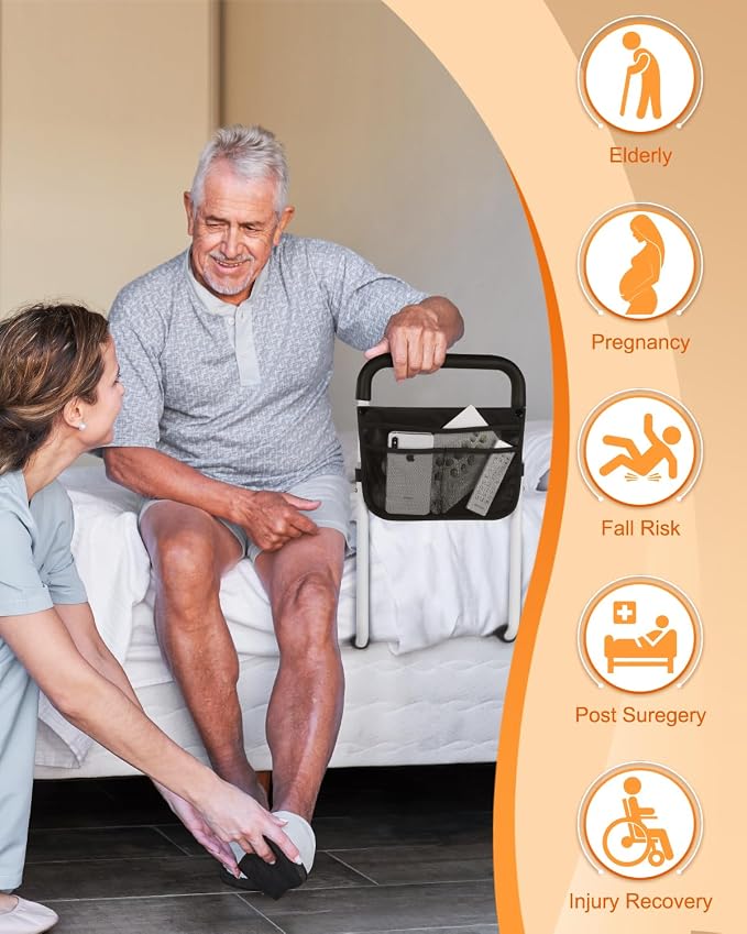 Bed Rails for Elderly Adults Safety - Adjustable Bed Assist Rail for Seniors - Stable Bed Side Rails Handle Support Bar Beds Guard Rail with Storage Bag & Fixing Strap, Fit King Queen Full Twin