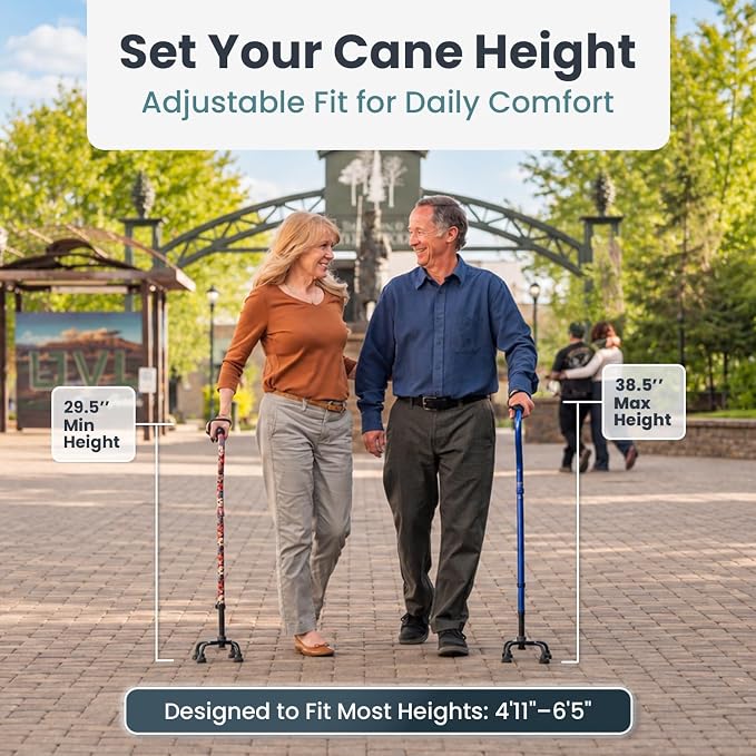 PELEGON Quad Cane (300 lb) - Adjustable Walking Cane with A Large 4 Pronged Base for Extra Balance & Stability, Walking Canes for Seniors, Walking Cane for Men & Women, Walking Sticks