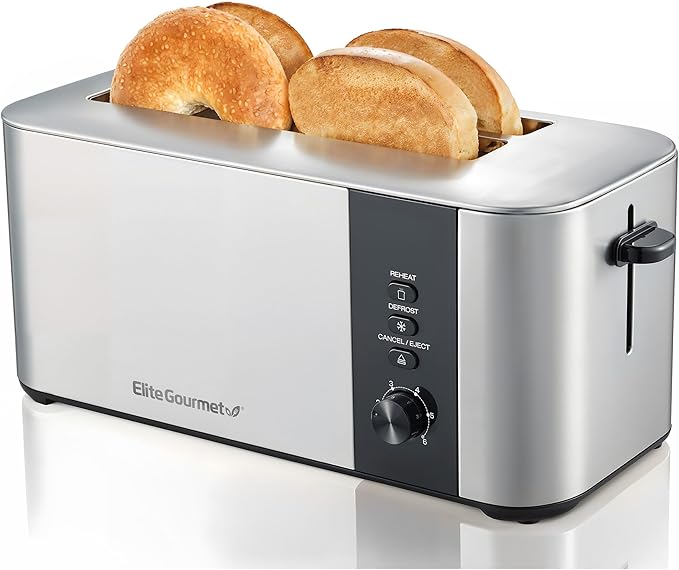 Elite Gourmet ECT3401 Long Slot 4 Slice Toaster, 1.5” Slot Width, 6 Toast Shade Settings, Reheat, Defrost & Cancel Functions, Extra Large Slots for Bagels, Waffles, Artisan Breads, Stainless Steel