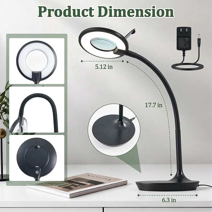 3X+6X Magnifying Glass with Light and Stand, Dimmable LED Magnifying Lamp | Flexible Gooseneck, Hands Free Magnifier, Magnification Lamp for Elderly Craft Hobby Painting Sewing Close Work,Weighted Base