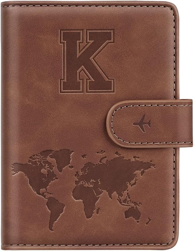 Passport Holder Wallet Cover Personalized Initial Travel Essentials | Embossed Letter A-Z Design, Travel Wallets, RFID Blocking, Passport Book Holders, Women Men, Personalized Gifts, Brown-K