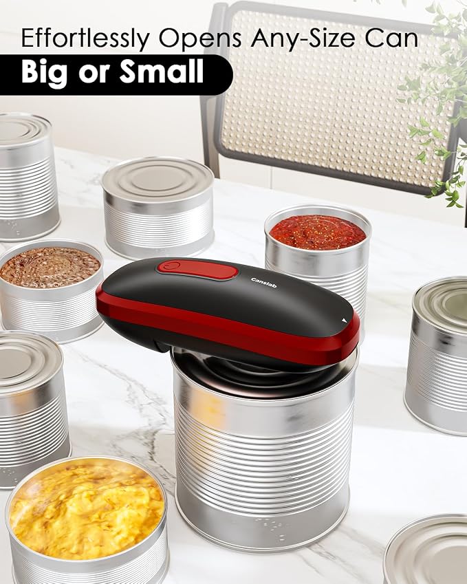 Canslab CORE Electric Can Opener_Single Touch Automatic Opener for Seniors with Arthritis, Auto Shut-off, Cordless Battery Powered, Side Cut, Smooth Edge, Handsfree for Small or Large Cans, Black+Red