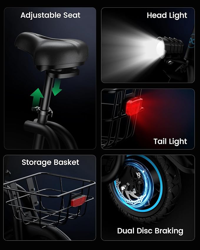 C1 Electric Scooter with Seat for Adults, 450W Powerful Motor, 20 Mile Long Range, 16 Mph Foldable Commuter E-Scooter with Basket for Daily Commute, Grocery,or Pet Travel–Professional Black