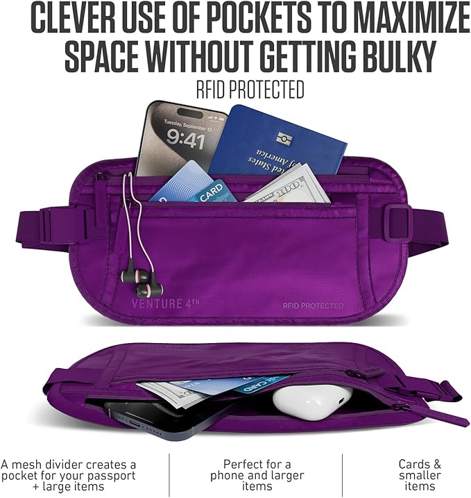 VENTURE 4TH Travel Money Belt, RFID Blocking Passport Holder - Sleek Purple