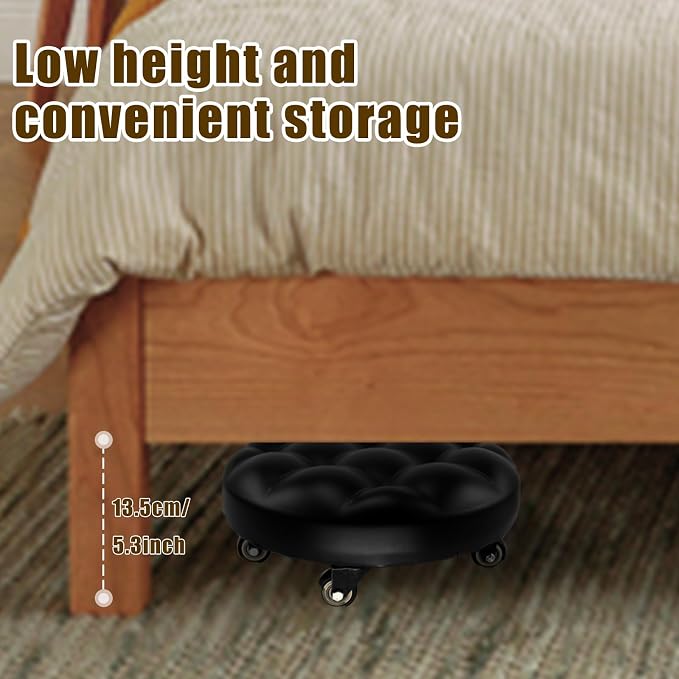 CNQLIS Low Rolling Stool with 360°Swivel Wheels, Pu Leather Low Roller Seat Chair, Movable Mini Stool for Home Office Garage Shop Fitness Sport