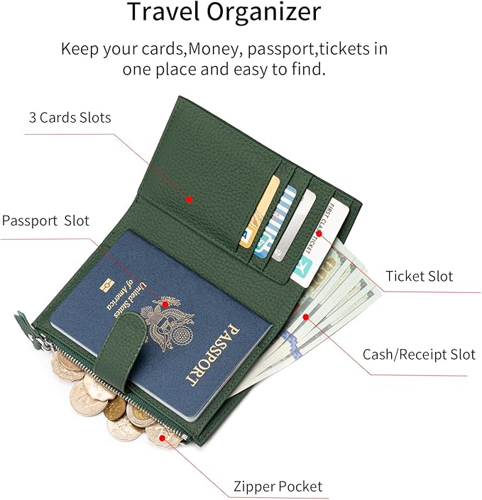 Passport wallet and Card Slot Combo RFID Blocking Leather Travel Passport Wallet for Men and Women with Zippered Coins Pocket Passport holder, Deep Green