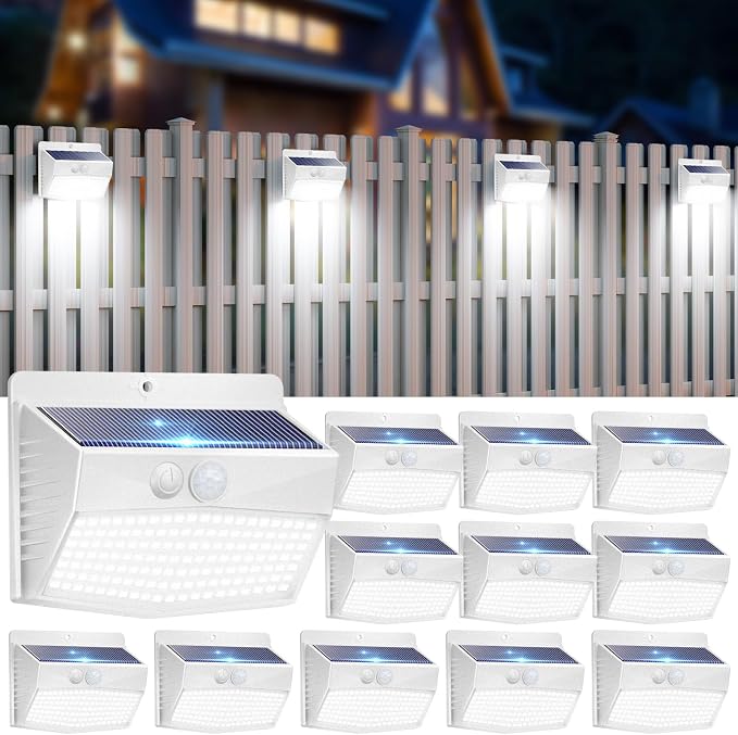 12 Pack Solar Motion Sensor Lights Outdoor Waterproof with 3 Modes | Cool White, White Frame, LED, Solar Powered, Security Lighting for Outside Wall Garden Fence Yard Deck Patio Garage
