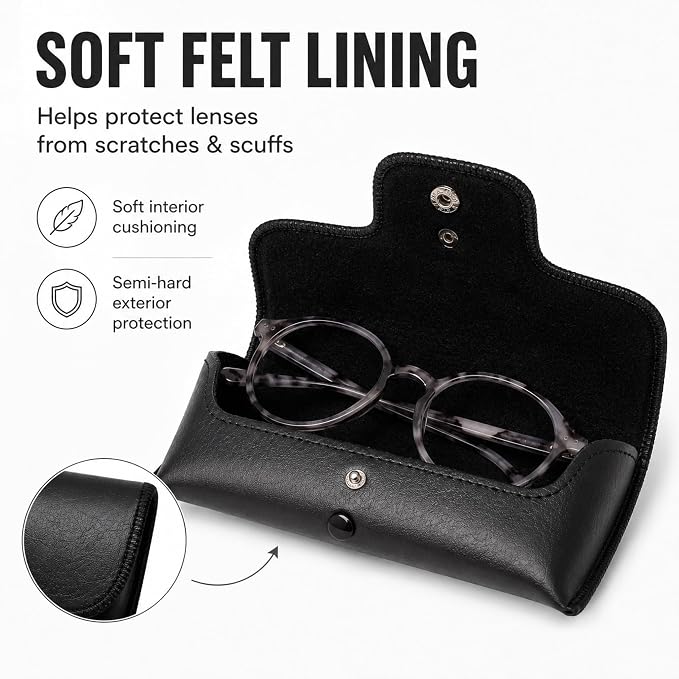 Calabria Double Snap Belt Loop Eyeglass Case PU Leather Black Old School Vintage Eye Glasses Pouch Semi-Hard Sunglass Holder - 100PACK