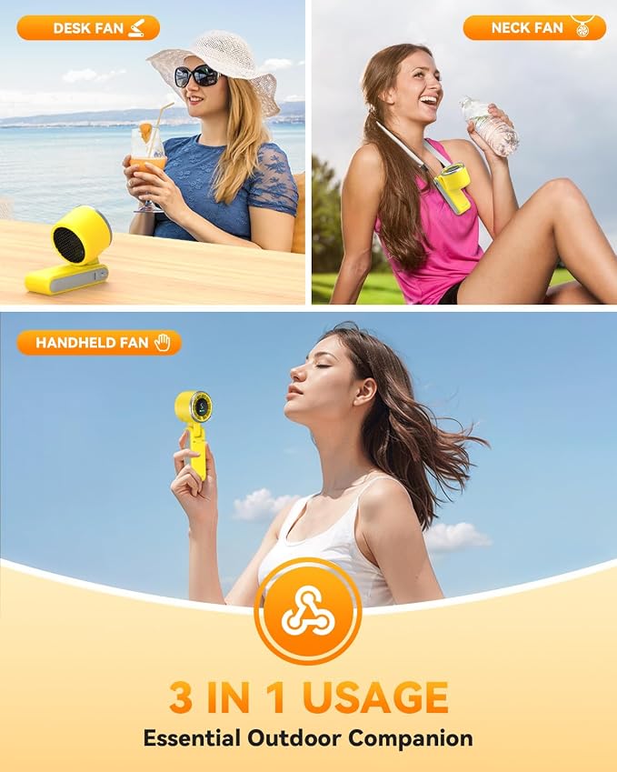 PlayHot Portable Handheld Turbo Fan, Travel Essentials, Gifts for Women/Men | 5-Speed, Up to 12H, 10m/s Airflow, USB-C Rechargeable, LED Display, 3-in-1 Foldable Personal Fan for Cruise, Beach, Vacation