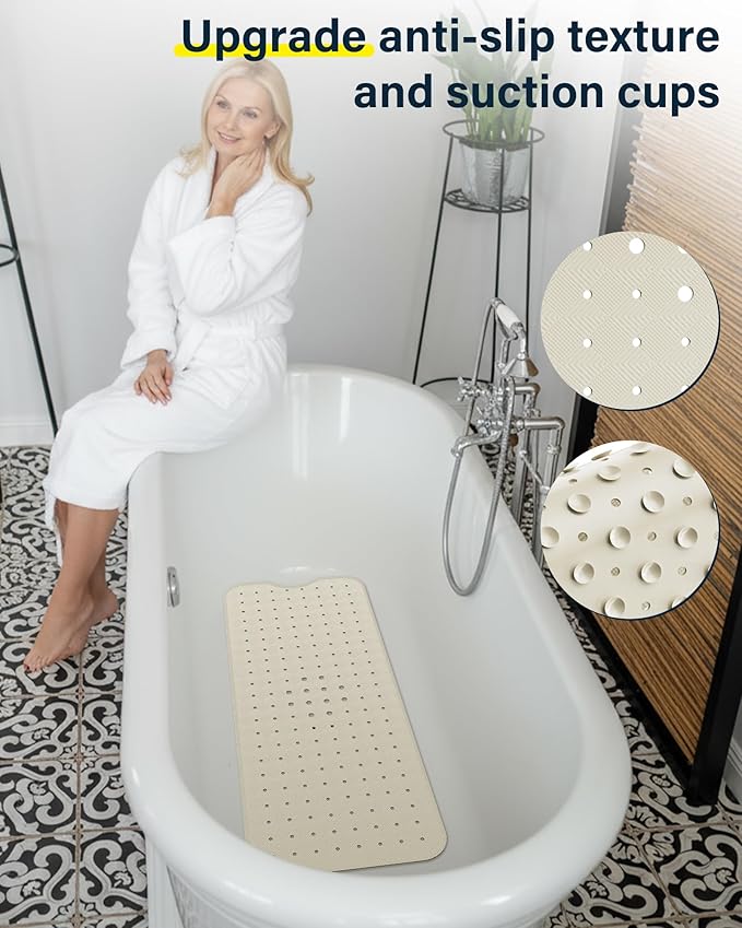 Non Slip Bathtub Mat for Tub & Shower, Machine Washable 40"x16" Anti Slip Bath Mat with 2 Hooks, Soft & Comfortable and Extra Largefor Families, Sand
