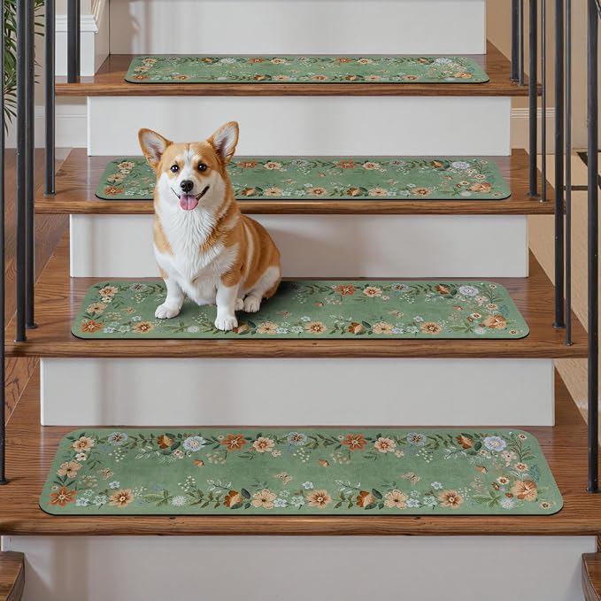 OJIA Green Stair Treads Non-Slip Stair Runner for Wooden Steps 15PC 30"x8" | Indoor Stair Mats Carpet Stair Treads Staircase Step Treads for Kids, Elders and Dogs, Floral Stair Covers