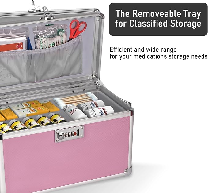 Medicine Box with Combination Lock - 13.4"x7.6"x8.2" First Aid Safe Medication Storage Case, Personal Items Safe Case for Hospital & Home & Outdoor 【Pink】