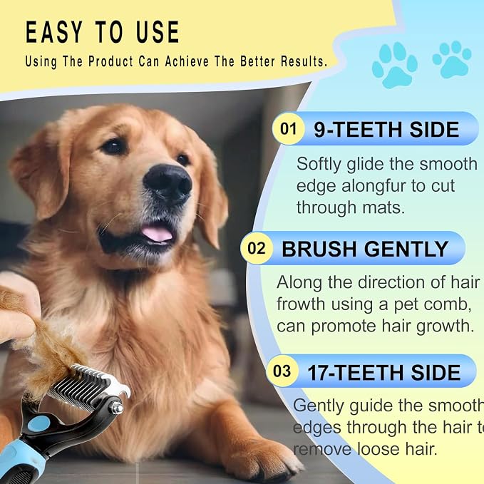 Pet Grooming Rake for Dogs & Cats - Double-Sided Deshedding and Dematting Tool, Gently Remove 95% of Loose Undercoat & Mats for Long-Haired Pets, Painless Fur Brush for Shedding Control (Blue)