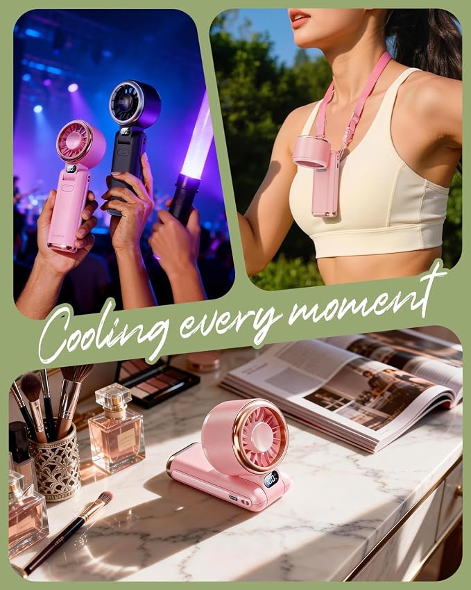 SWEETFULL Portable Handheld Turbo Fan - Portable Fans Rechargeable, 5000mAh, 180° Adjustable, 5 Speed Wind, Digital Display Electric Personal Hand Fan Quiet, Travel Essentials, Beach Vacation (Pink)