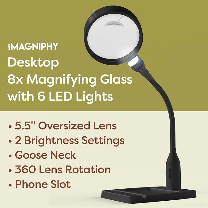 8X Desk Magnifying Light - Magnifying Glass for Reading and Crafts with 6 LEDs (No Glare, No Flickering) - Magnifying Lamp with Light and Stand, 2 Brightness Settings - Ideal for Seniors